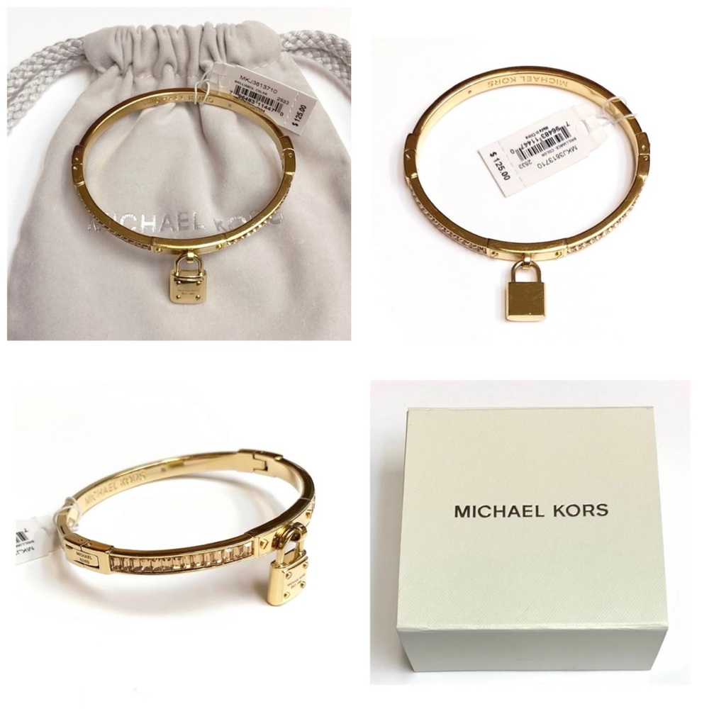 NWT Michael Kors PADLOCK 14K Gold Plated Brass Topaz Glass Stones Hinge Bracelet